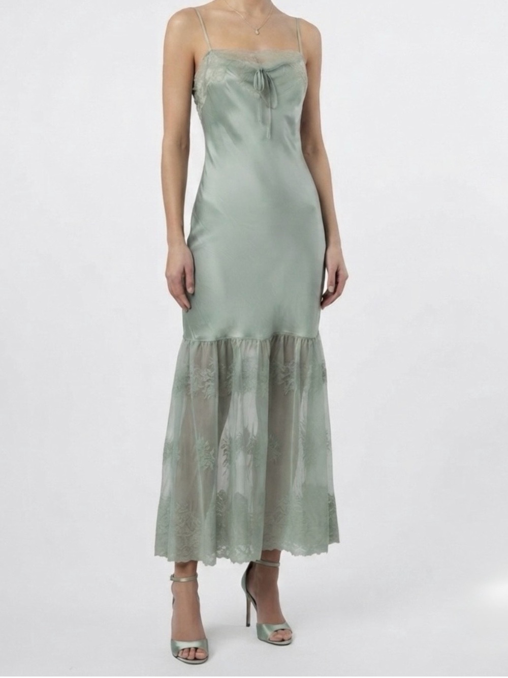 Olive Green Lace-Trim Satin Slip with Tie Front